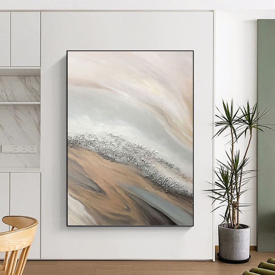 “Beige - Grey - Silver Abstract Flow” - Minimalist Abstract Painting On Canvas PT1228