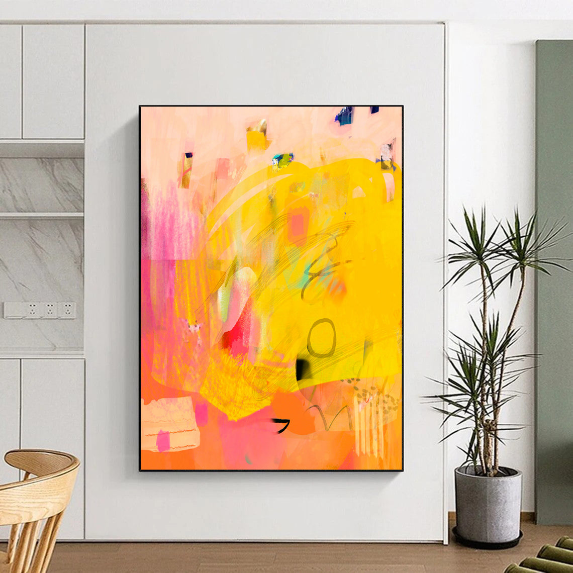 “Sunny Yellow - Pink Abstract Fusion” - Abstract Painting On Canvas PT2005