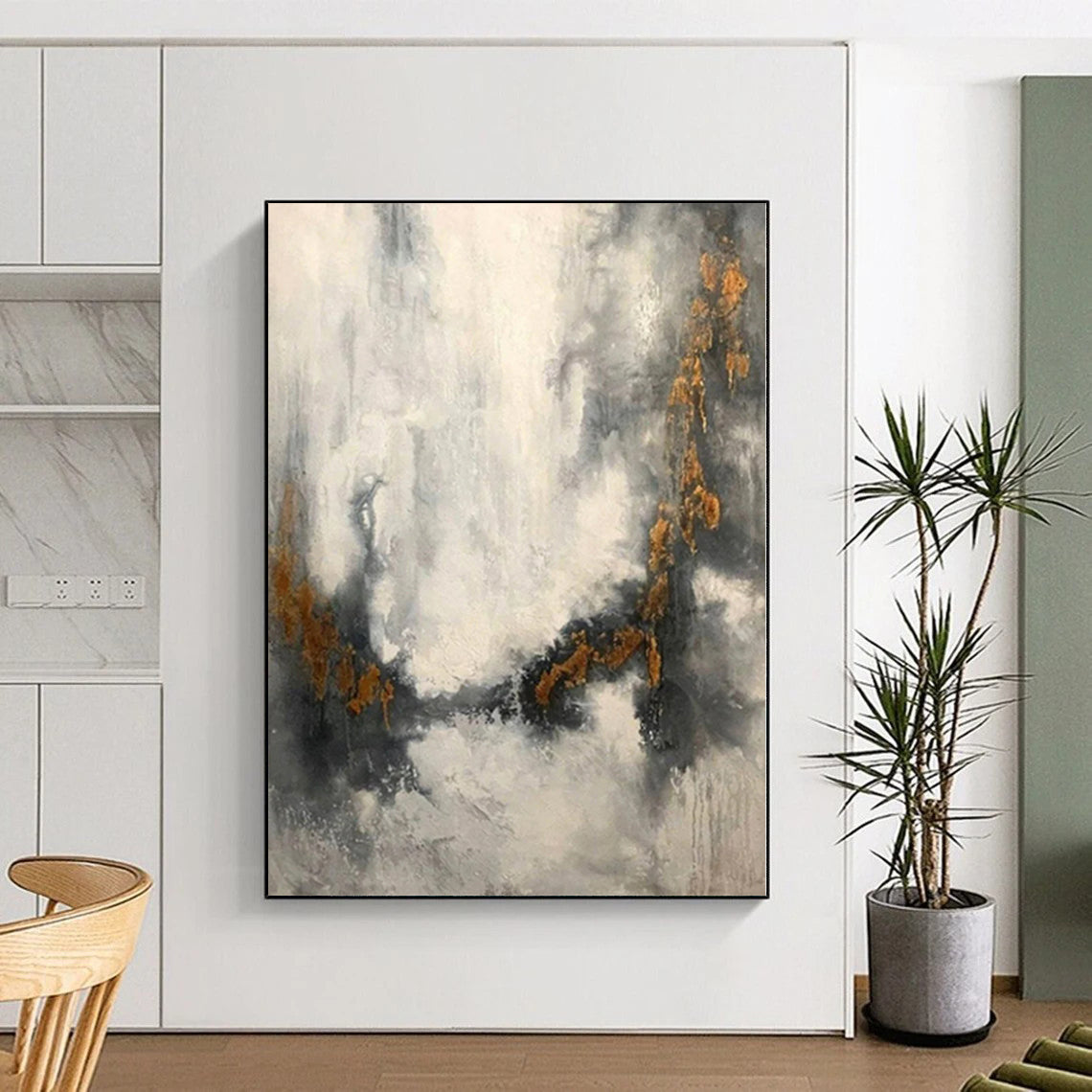 “Grey - Gold Abstract Textured Clouds” - Tactile Abstract Painting On Canvas PS0360