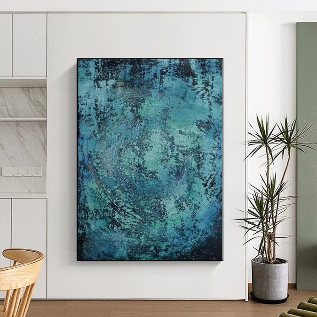 “Teal - Black Textured Abstraction” - Teal, Black Abstract Painting On Canvas PS0464
