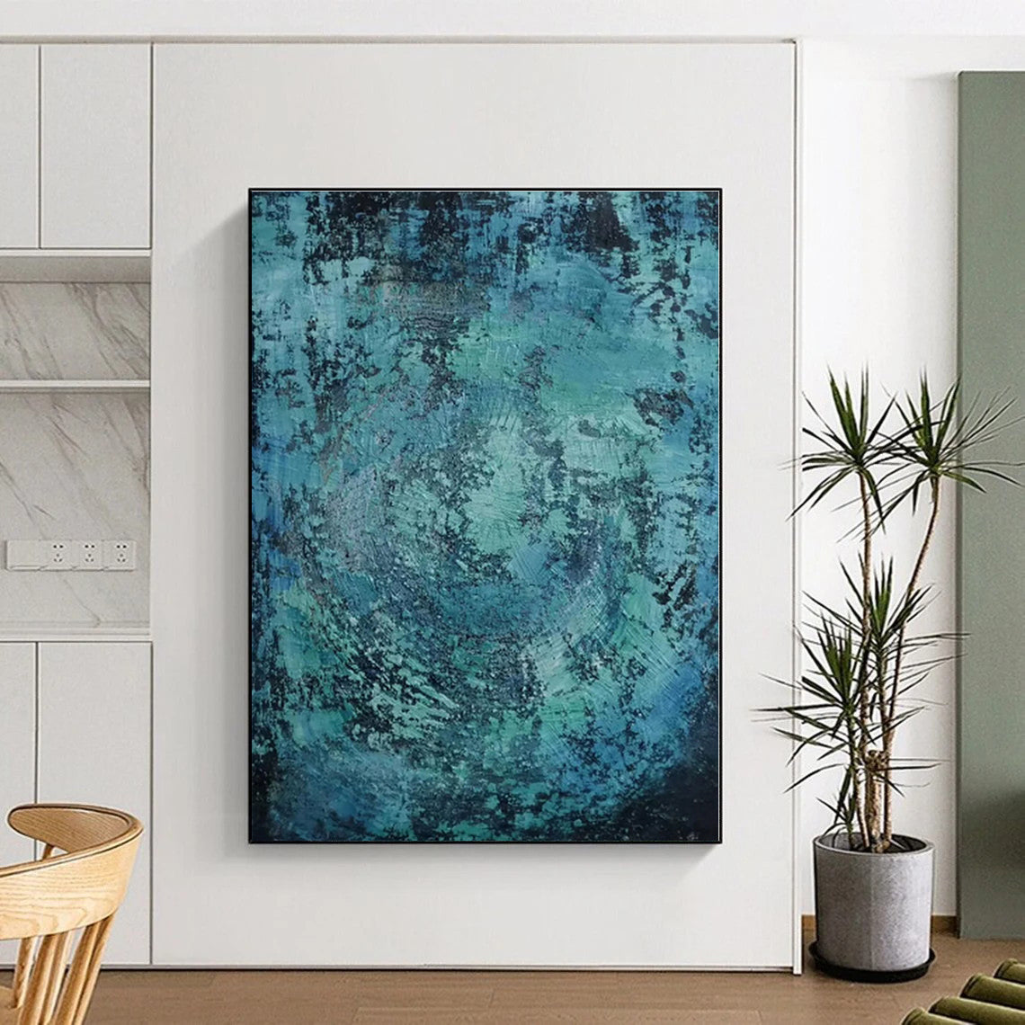 “Teal - Black Textured Abstraction” - Teal, Black Abstract Painting On Canvas PS0464