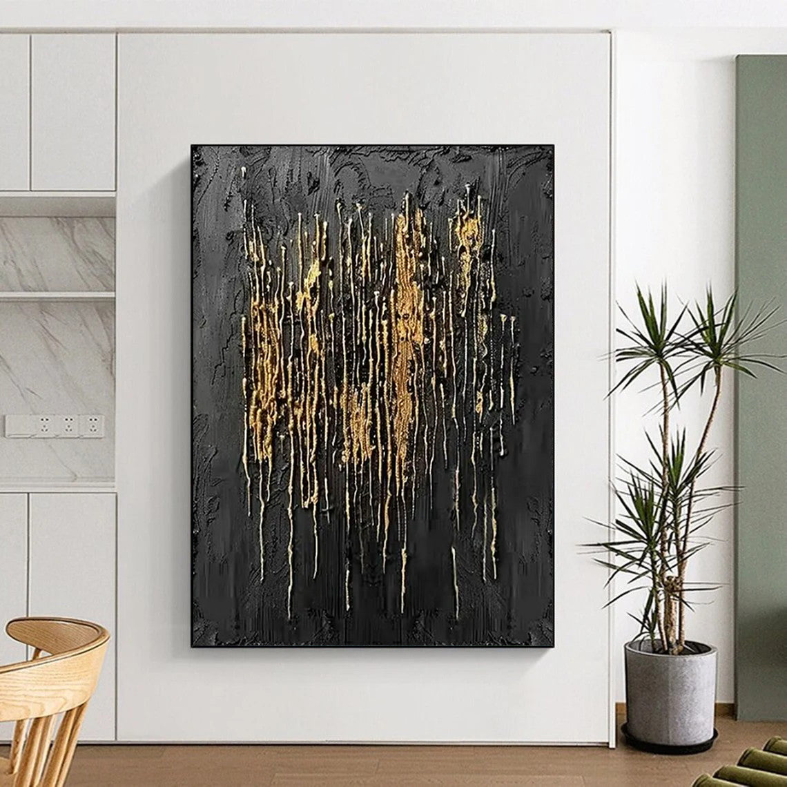 “Black and Gold Drip Elegance” - Abstract Textured Painting On Canvas PT2358
