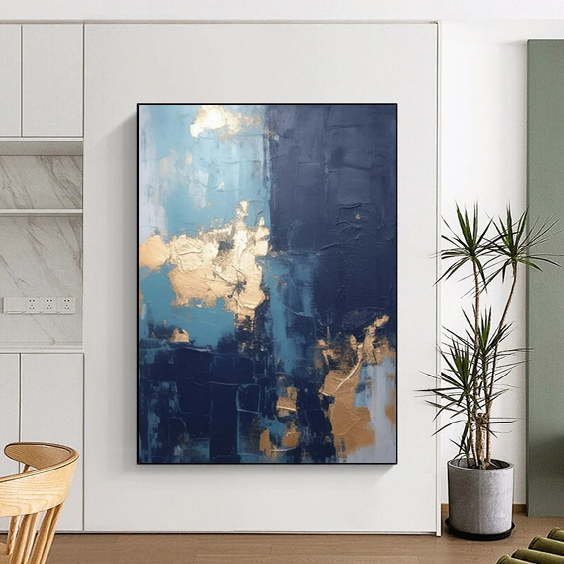 “Teal - Navy - Gold Abstract Textured Splashes” Painting On Canvas PS0837