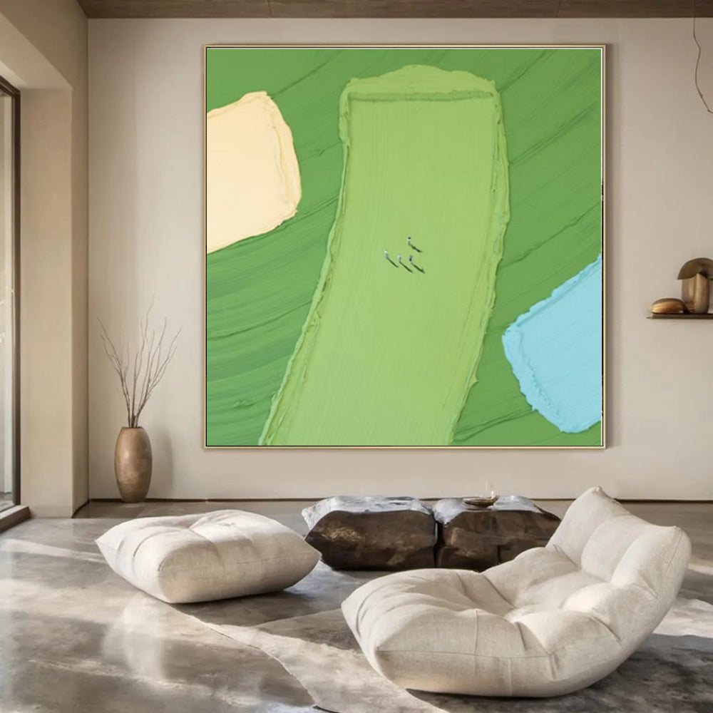 Green, Yellow, Blue with Small Figures "Colorful Fields" Abstract Painting On Canvas PS1354