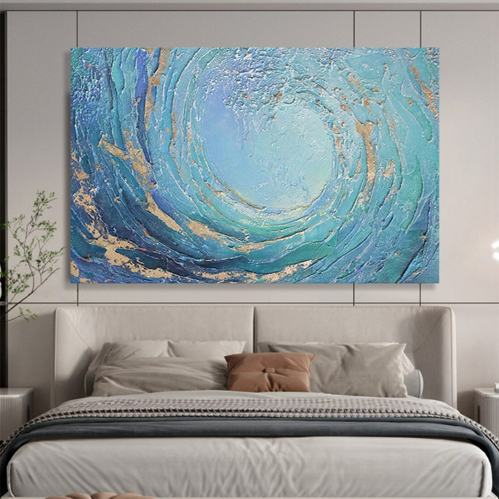 “Blue - Gold Swirl Ocean” - Textured Abstract Painting On Canvas PT254