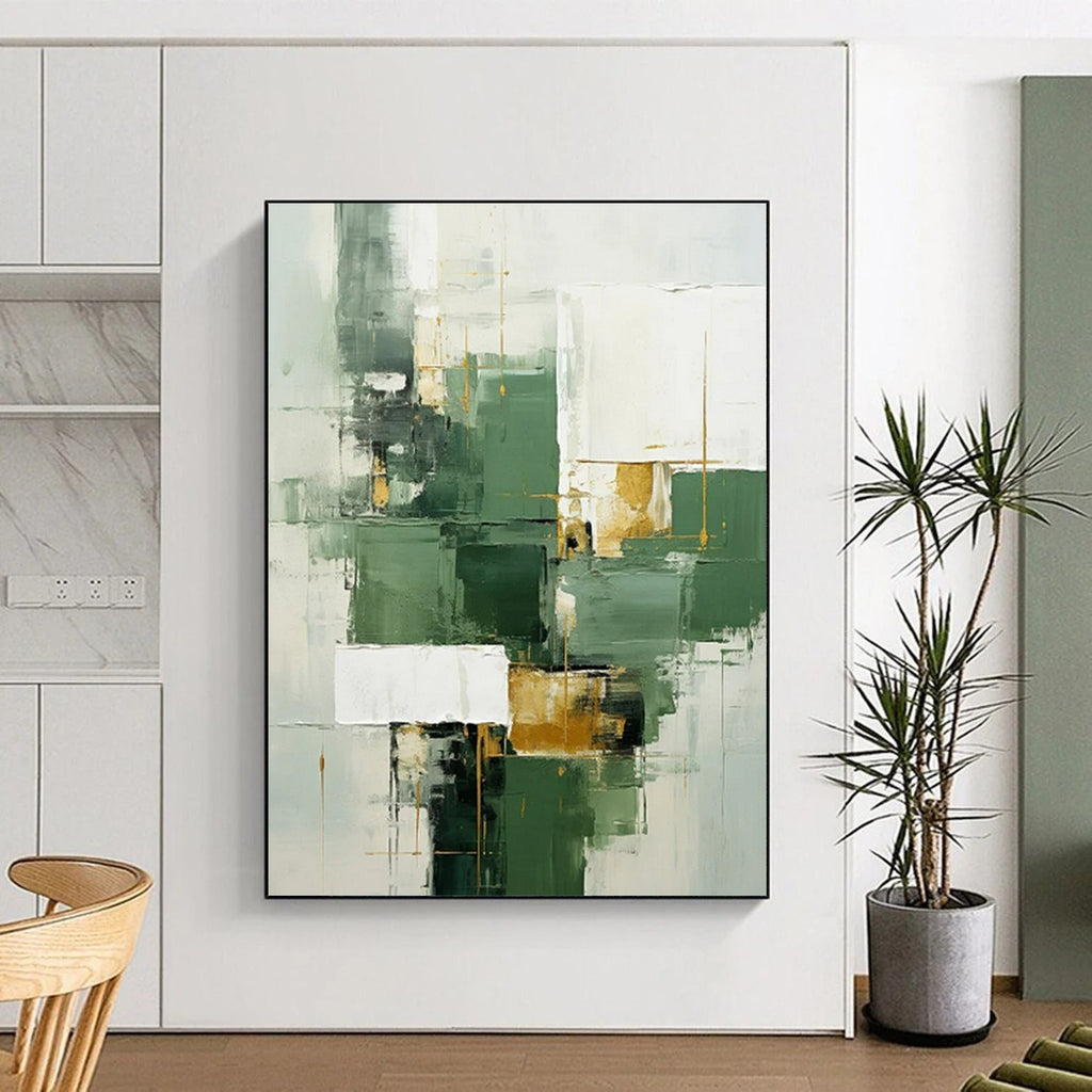 “Green, White, and Gold Abstract” - Cubist Geometric Painting On Canvas PT2292