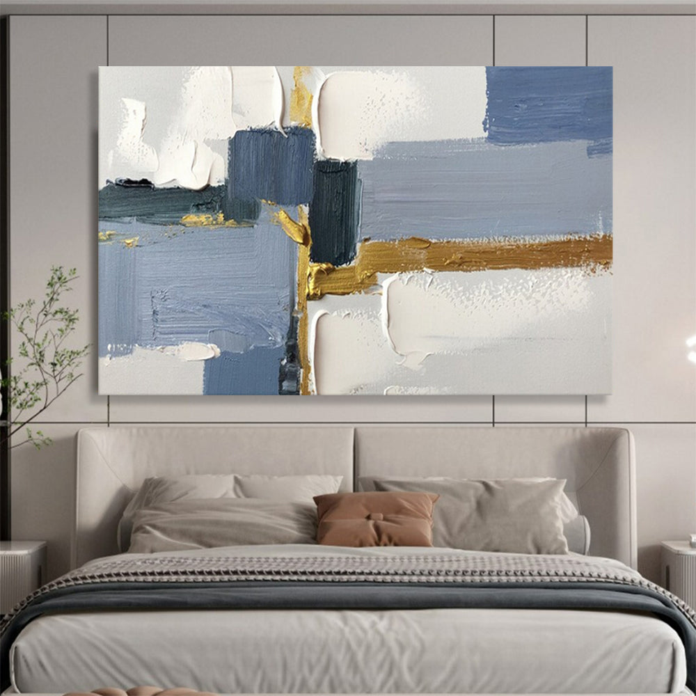 “Blue - Gray - Gold Geometric Abstract” - Contemporary Abstract Painting On Canvas PT1562