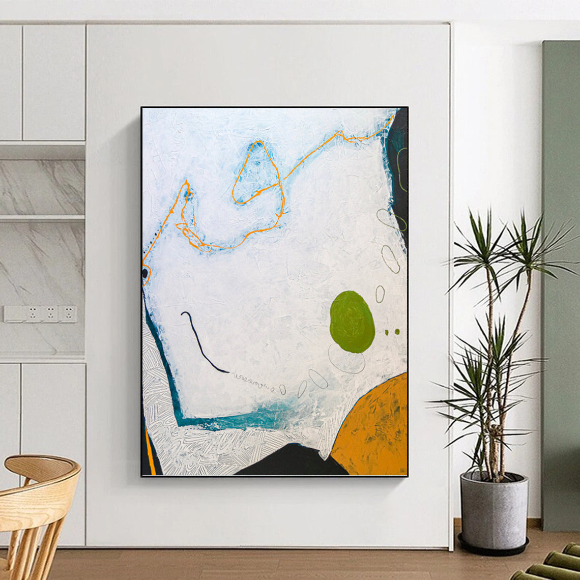 “White - Blue Abstract with Orange & Green” - Whimsical Abstract Painting On Canvas PT1110