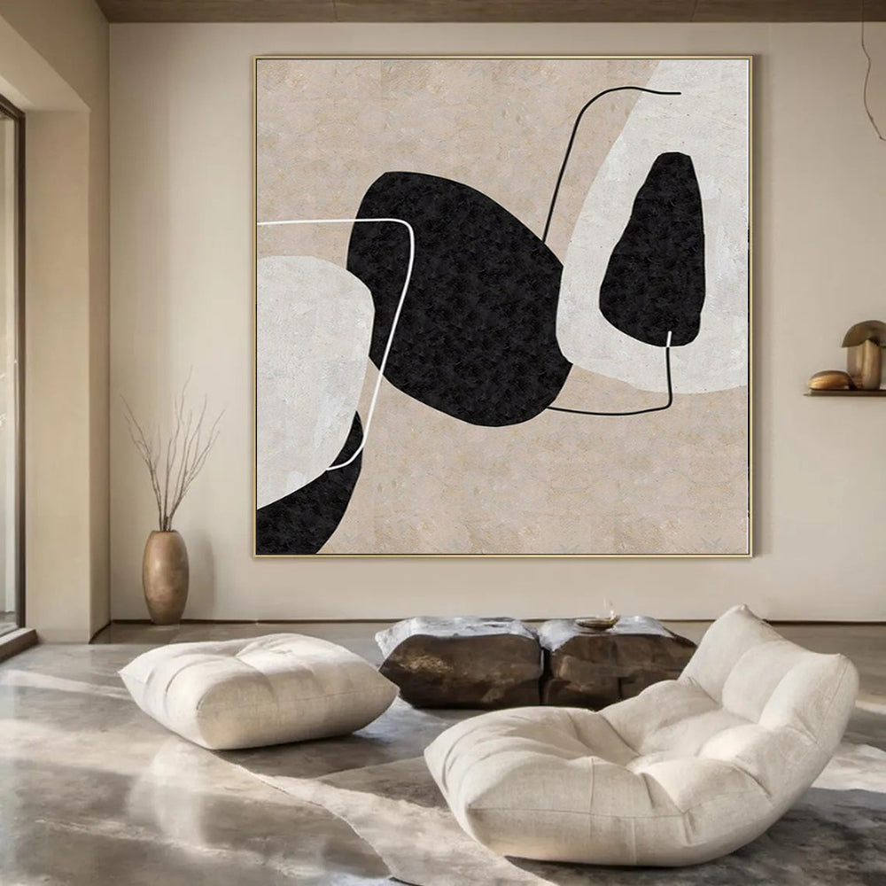 Beige, Black and White with Organic Shapes and Lines "Natural Connection" Abstract Painting On Canvas PS1152