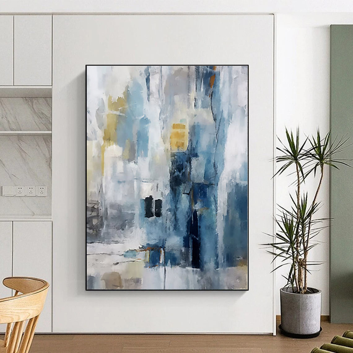 “Blue - Gray Abstract Cityscape” - Blue, Gray Abstract Cityscape Painting On Canvas PS0435