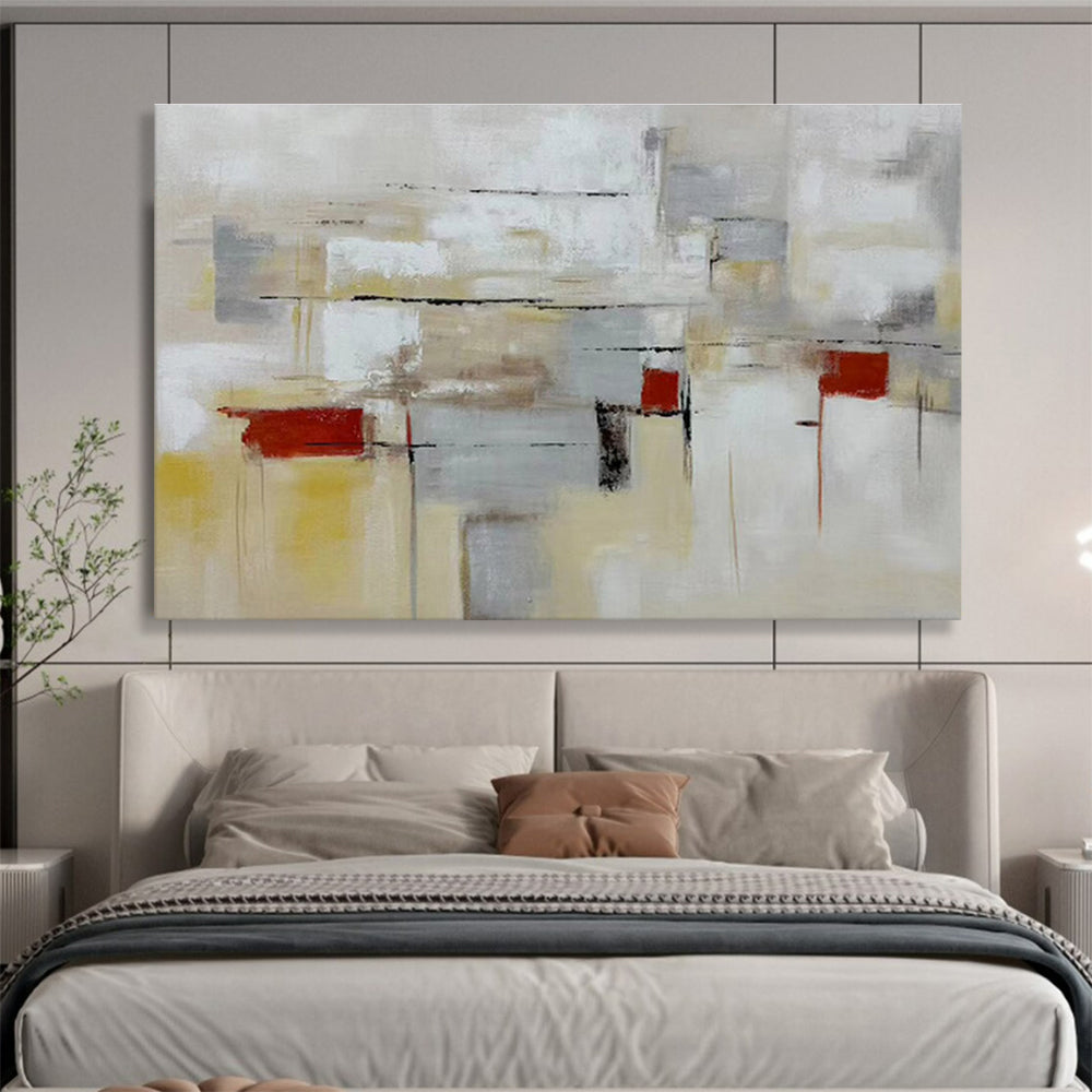 “Neutral - Toned Abstract City” - Gray, Yellow & Red Abstract, Urban - Inspired Oil Painting On Canvas DKS750