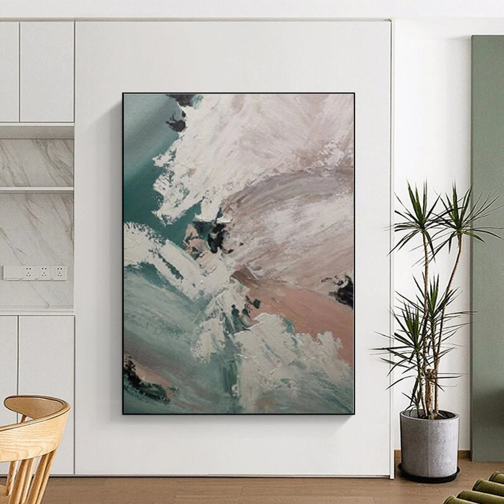 “Turquoise - White Abstract Waves” - Turquoise, White Abstract Seaside Painting On Canvas PS0554