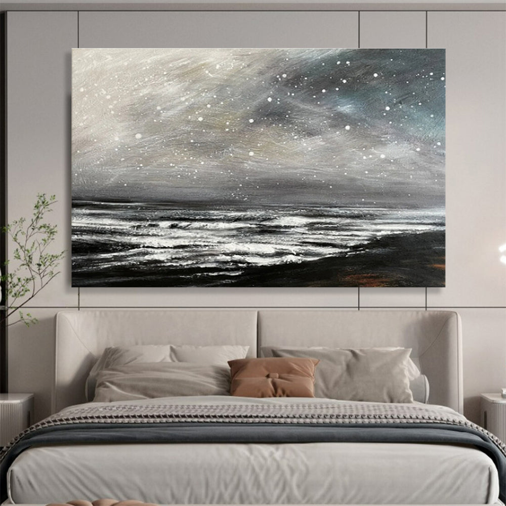 Grey Sky with Snow Over Dark Sea Seascape Painting On Canvas DKS109