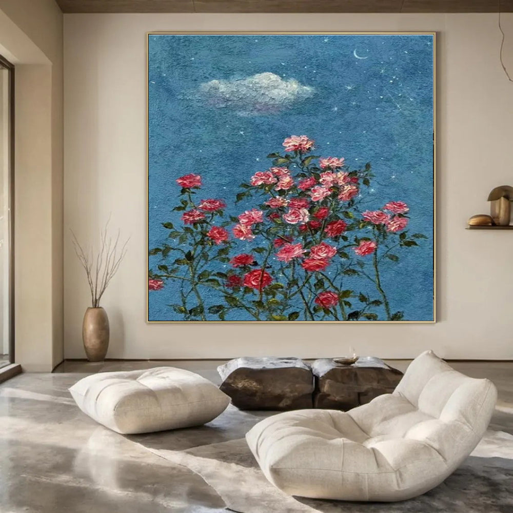 Blue, Pink, Green with Roses and Sky Elements "Starry Blossoms" Abstract Painting On Canvas PS1454