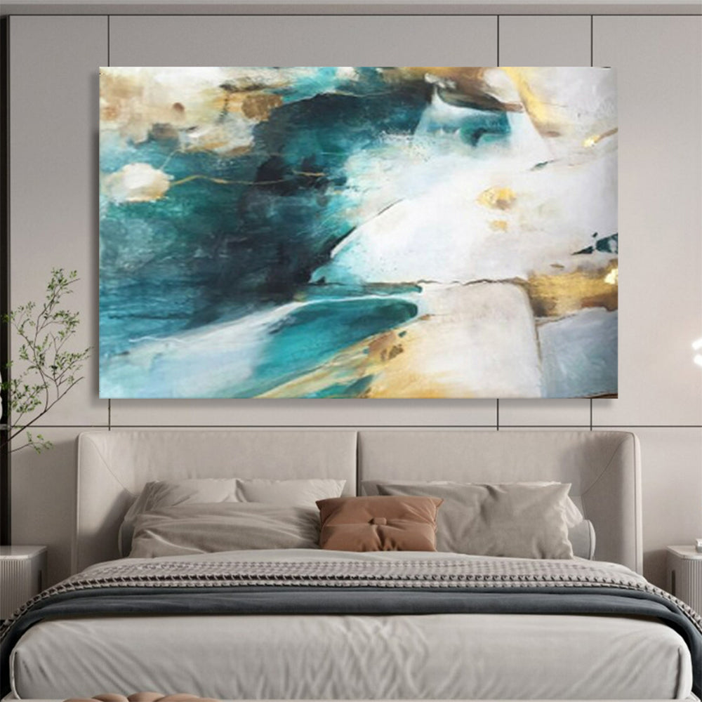 “Teal - Gold Abstract Flows” - Flowing Teal “Aqua Gleam” Painting On Canvas PT1635