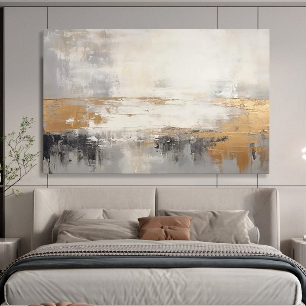 “Gray, Gold, and White Abstract Horizon” - Minimalist Abstract Painting On Canvas PT108