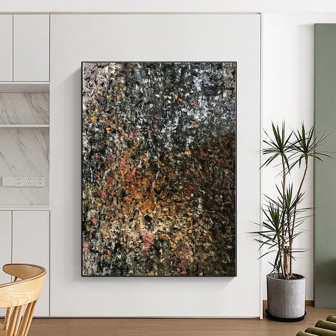“Dark - Hued Textured Abstract” - Black, Orange, Pink Abstract Painting On Canvas PS0462