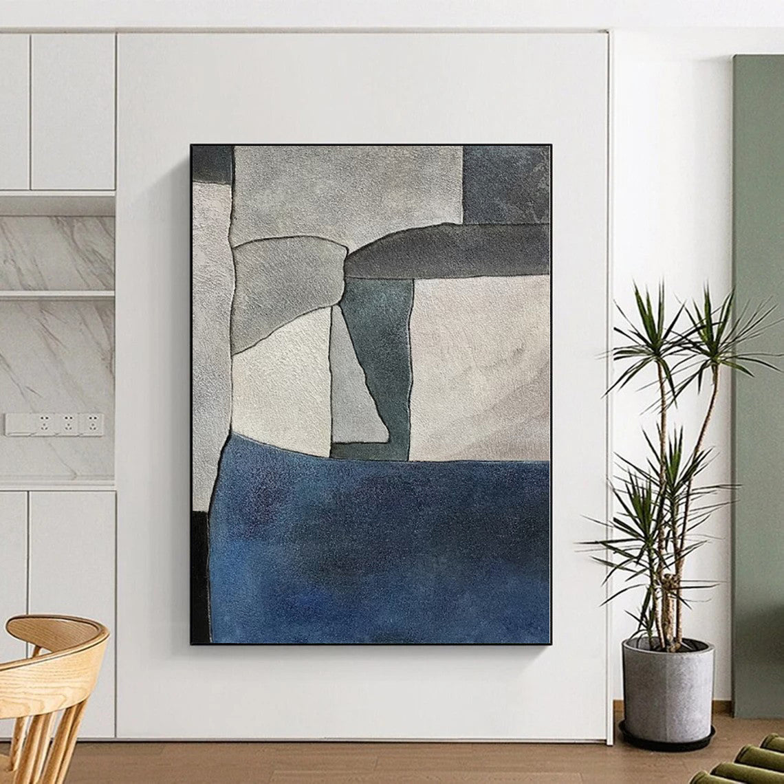 “Gray Block Harmony” - Gray, Blue Abstract Geometric Painting On Canvas PS0386