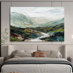 “Textured Mountainscape” - Green, Blue & Gray Abstract, Palette Knife Painting On Canvas DKS725