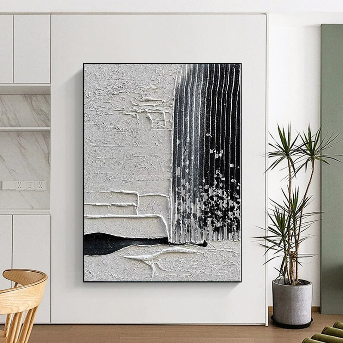 “Tactile White - Black Abstract with Raised Lines” - Textured Abstract Painting On Canvas PS0280