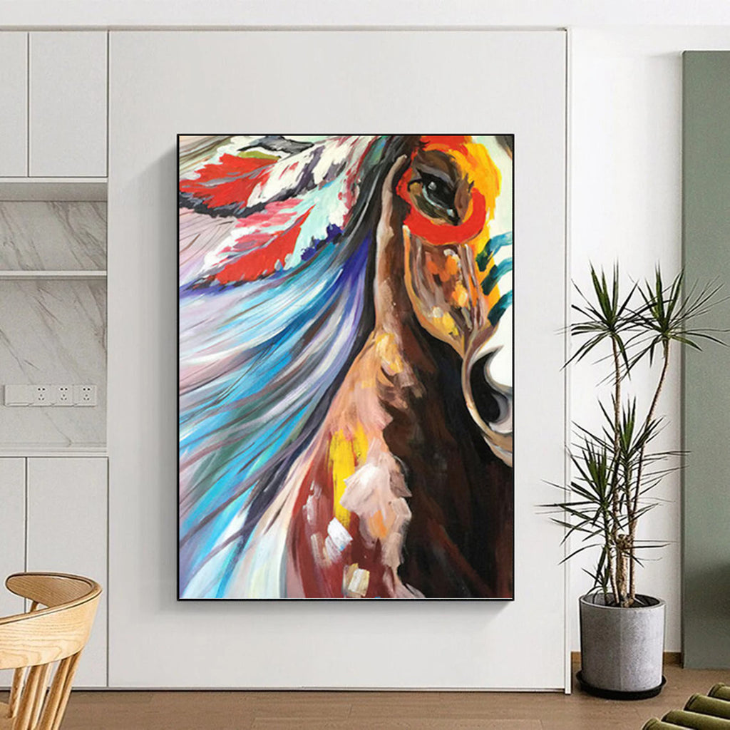 “Colorful Horse with Feather Headdress” - Expressionist - Inspired Animal Painting On Canvas PT1426