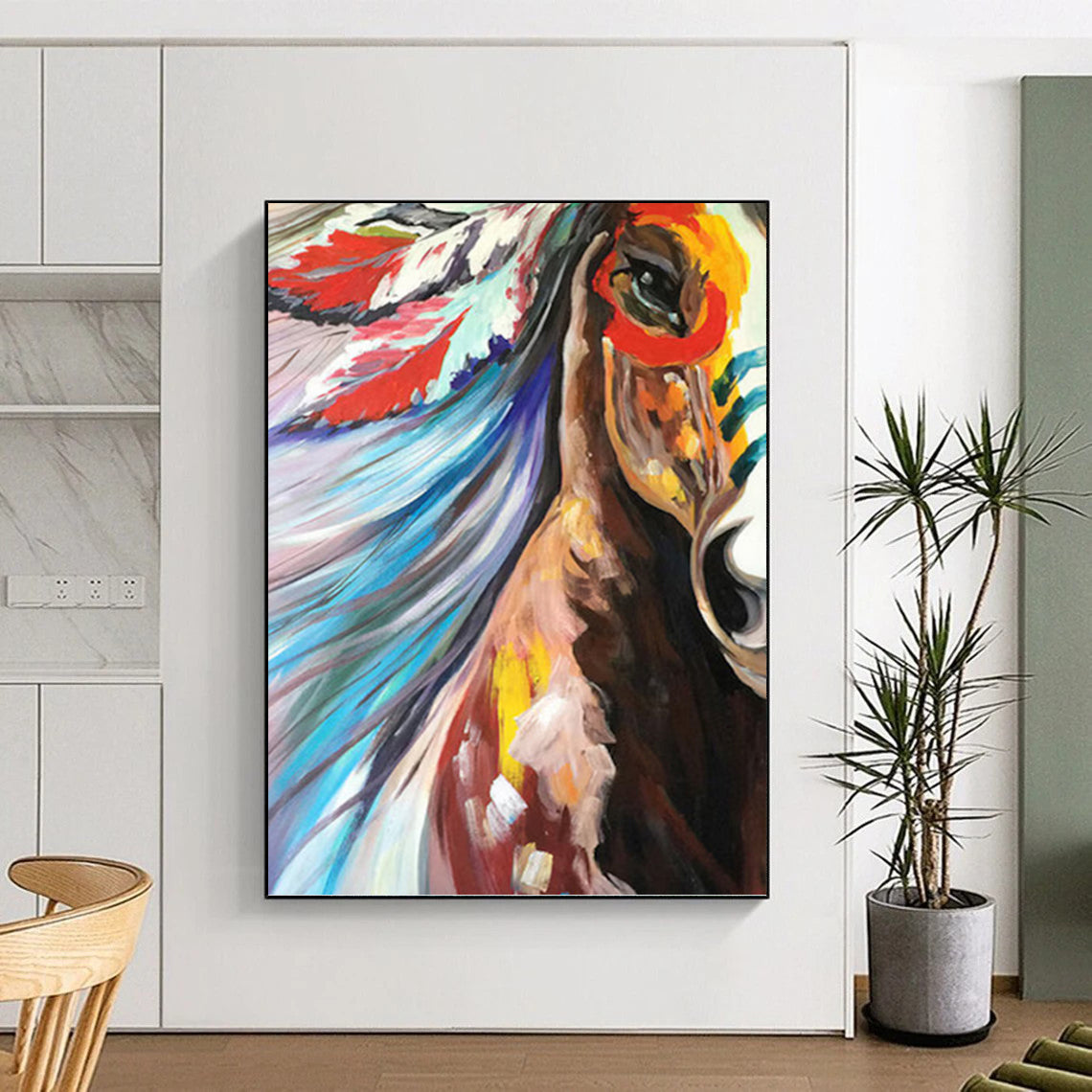 “Colorful Horse with Feather Headdress” - Expressionist - Inspired Animal Painting On Canvas PT1426