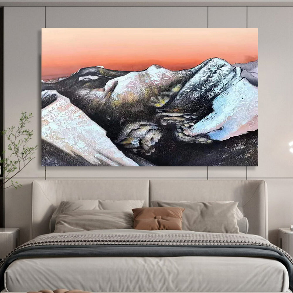 Snow - Capped Mountains & Orange Sky: Abstract Landscape Painting for Mountain - Themed Lounge & Art Gallery DKS651