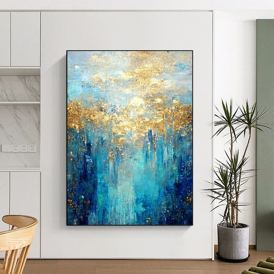 Blue - Gold Abstract Forest Textured Painting On Canvas DS065