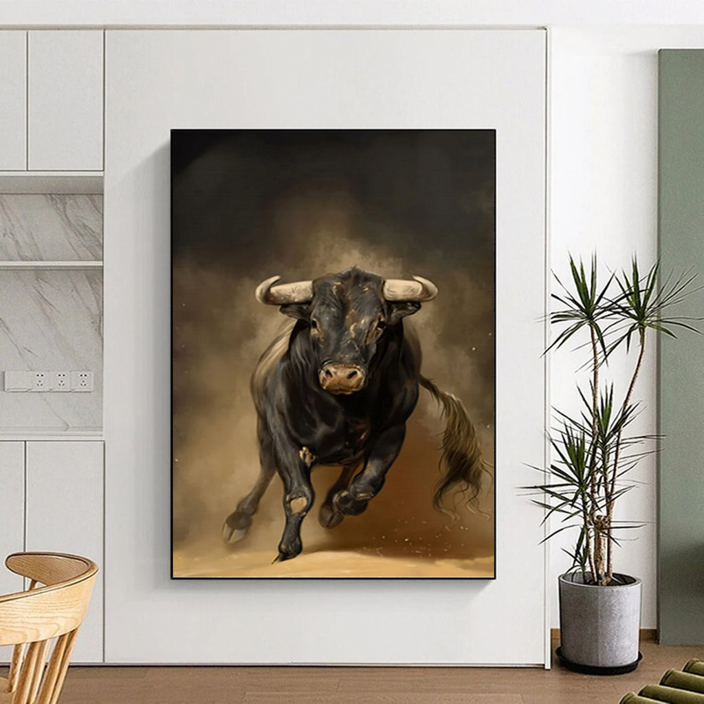 “Powerful Black Bull in Motion” - Realist - Inspired Animal Painting On Canvas PT1409