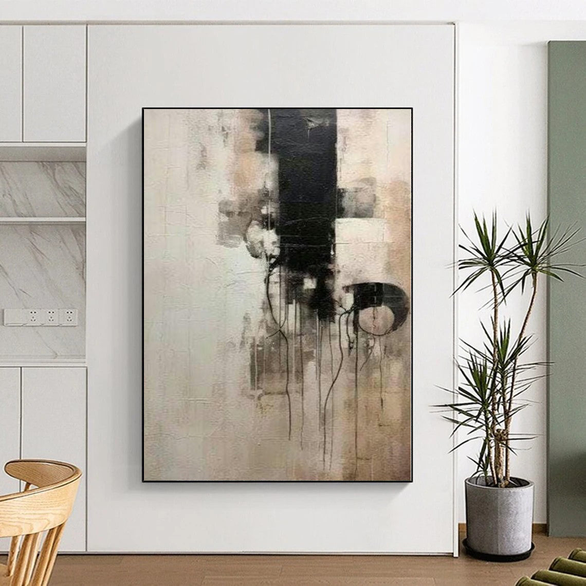 “Dramatic Black - and - White Abstract with Dripping Lines” - Bold Abstract Painting On Canvas PS0251