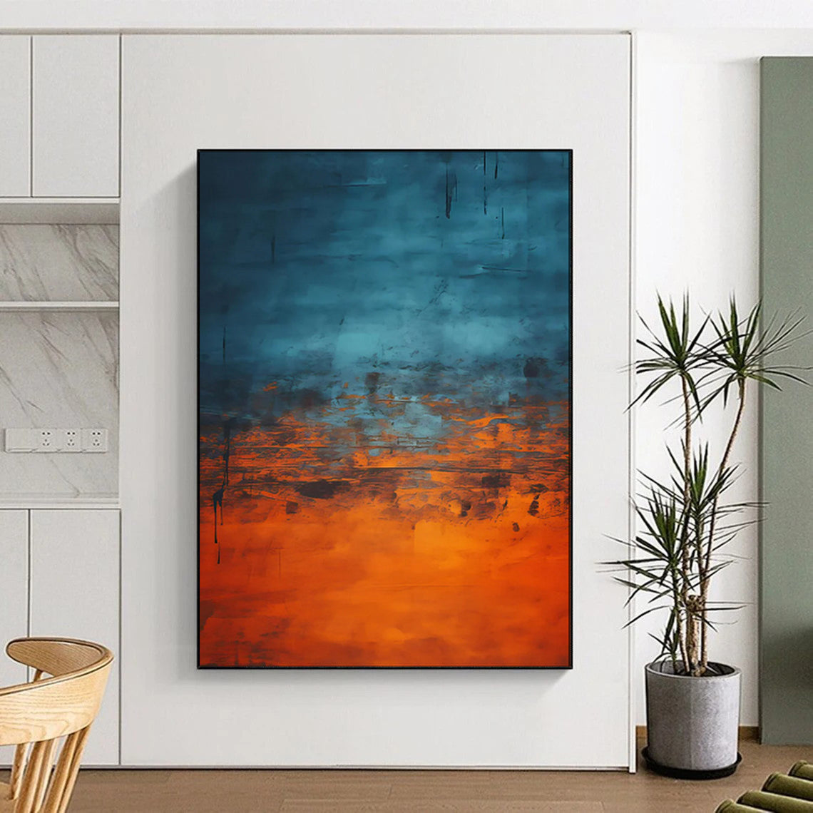 “Blue - Orange Blended Abstract with Dripping Details” - Abstract Expressionist Painting On Canvas PT1944