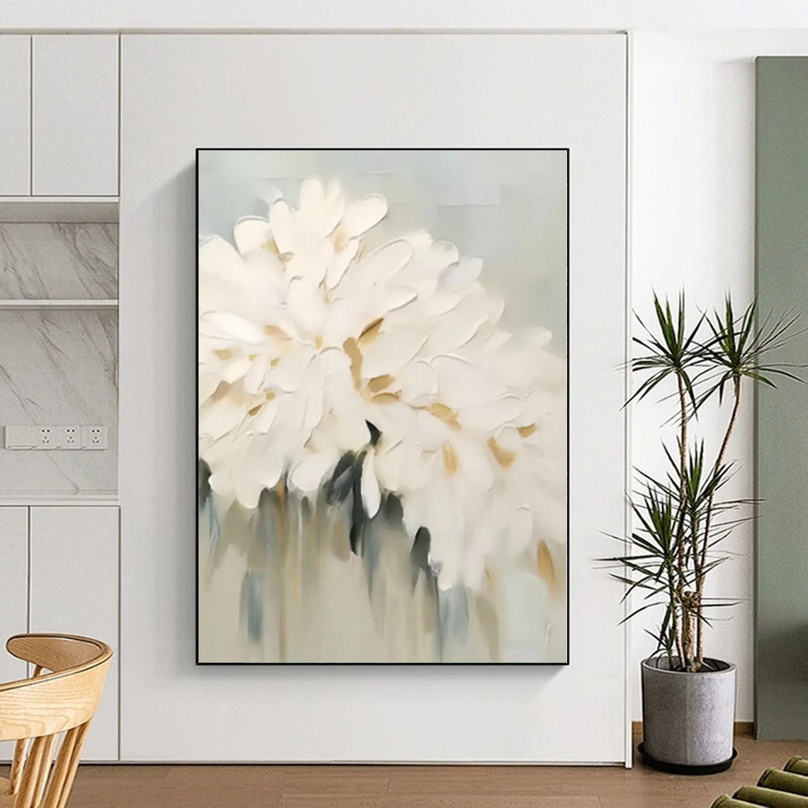 “White - Gray - Gold Floral Abstraction” - White, Gray, Gold Abstract Painting On Canvas PS0543