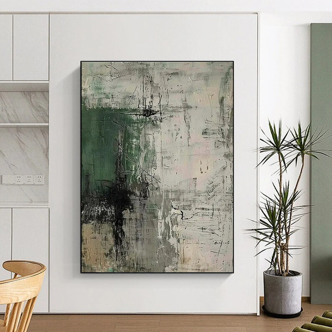 Green, Gray & Black Abstract Strokes "Urban Jungle" Painting On Canvas PS0859