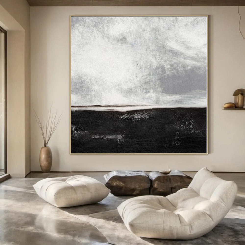 Black, White and Gray with Textured Divide "Midnight Calm" Abstract Painting On Canvas PS1154
