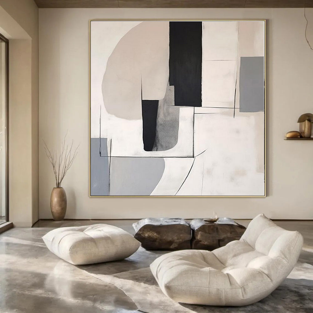 Black, White, Gray with Curved & Straight Lines "Geometric Flow" Abstract Painting On Canvas PS1375