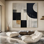 Black, White, Gray, Gold with Mixed Shapes "Elegant Fusion" Abstract Painting On Canvas PS1373
