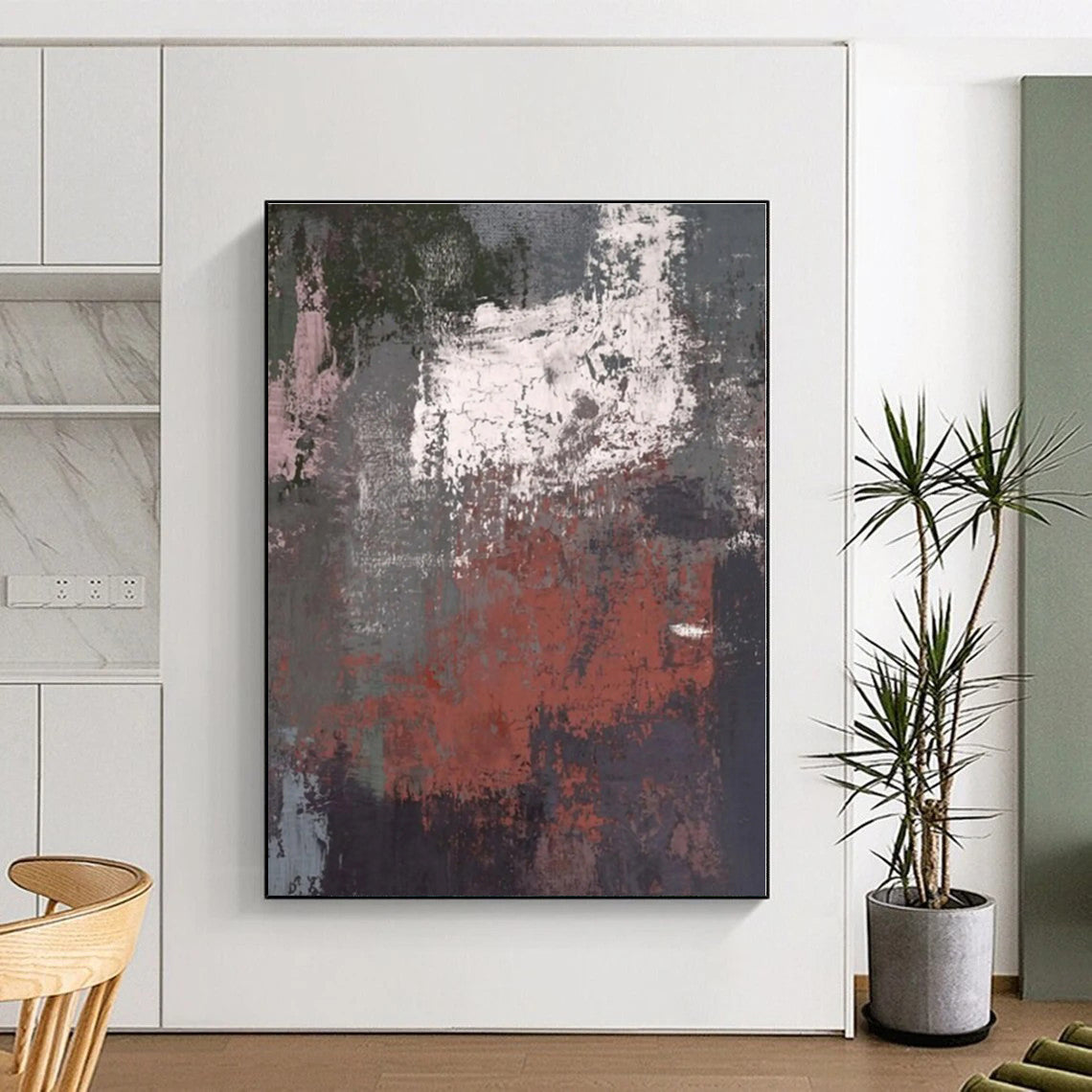“Gray & Red Textured Abstract” - Textured Abstract Painting On Canvas PS0419