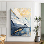 “Blue - Grey Mountains with Gold: Abstract Landscape” - Luxe Nature Painting On Canvas PT0943