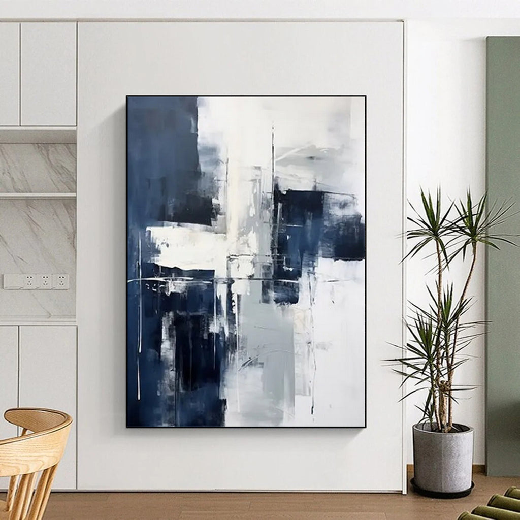 “Monochrome Grid” - Minimalist Blue & White Abstraction Painting On Canvas DS128