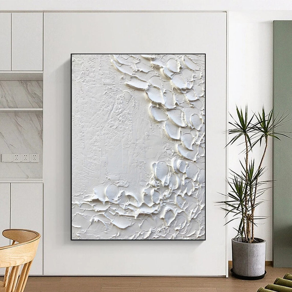 “White Textured Abstract with Petal - like Forms” - Tactile Abstract Painting On Canvas DS373