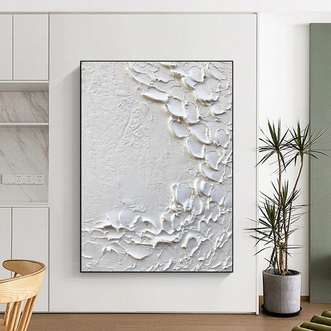 “White Textured Abstract with Petal - like Forms” - Tactile Abstract Painting On Canvas DS373