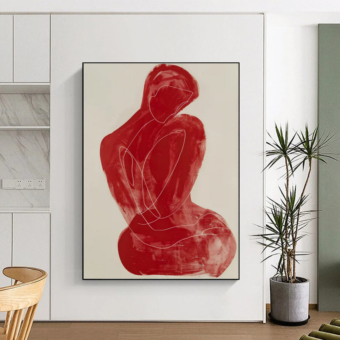 “Red Abstract Figure” - Minimalist Line Painting On Canvas PT2228
