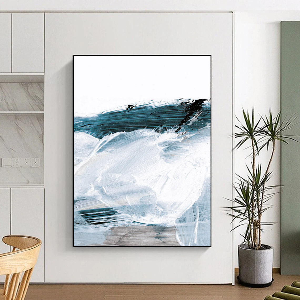 “Blue & White Abstract Waves” - Fluid Forms with Textured Layers Painting On Canvas DS219