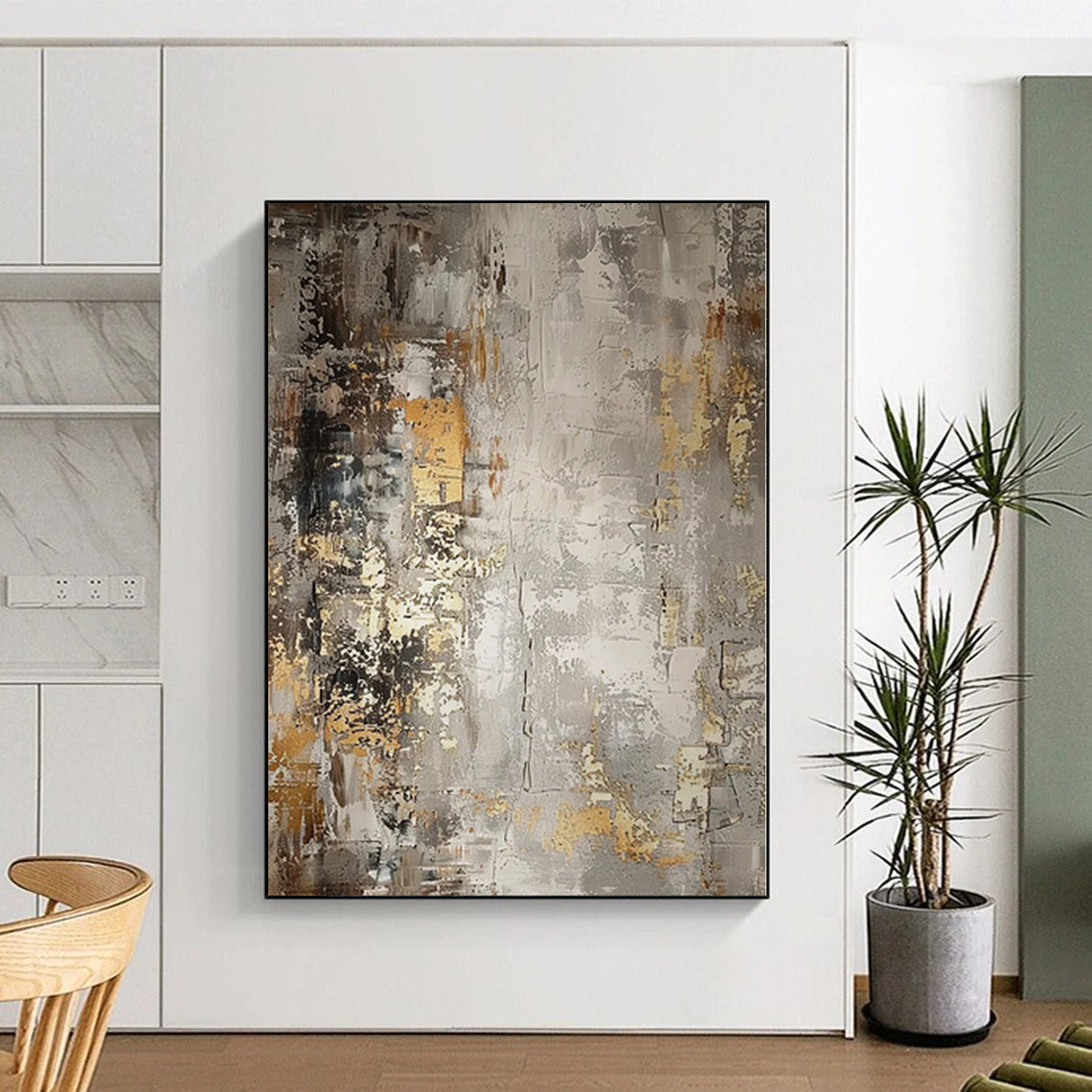 “Gray - Gold Abstract” - Industrial Abstract Painting On Canvas PS0086