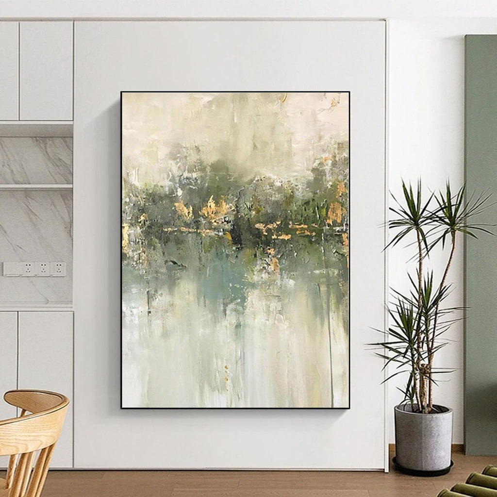 “Green & Gold Abstract Reflection” - Abstract Reflection Painting On Canvas PS0423