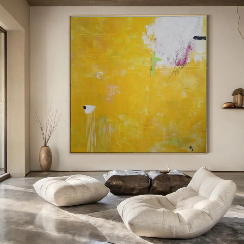 Bright Yellow, White, Green with Minimal Marks "Sunny Whispers" Abstract Painting On Canvas PS1407
