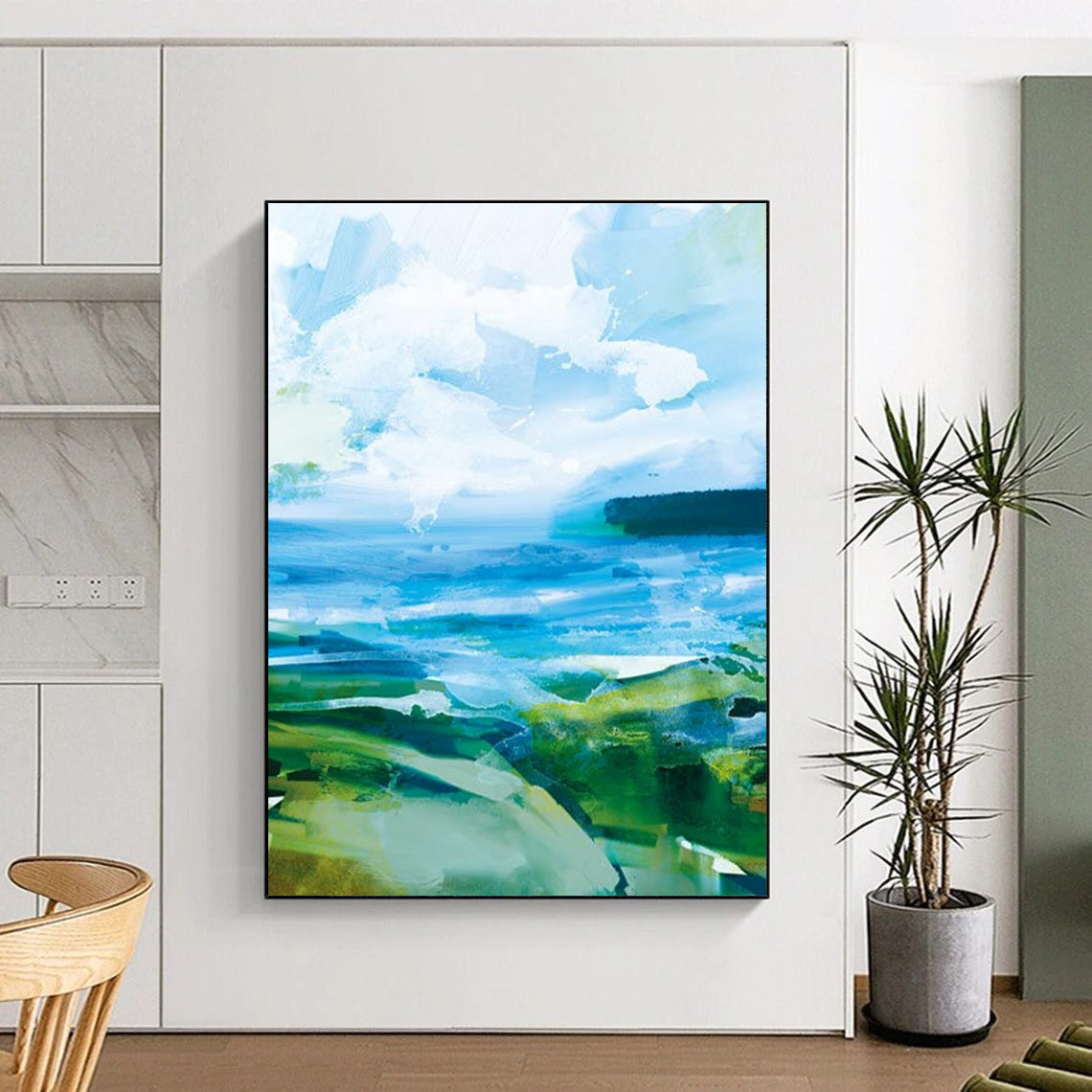 “Vibrant Coastal Abstraction” - Bold Blues & Greens Seascapes Painting On Canvas DS183