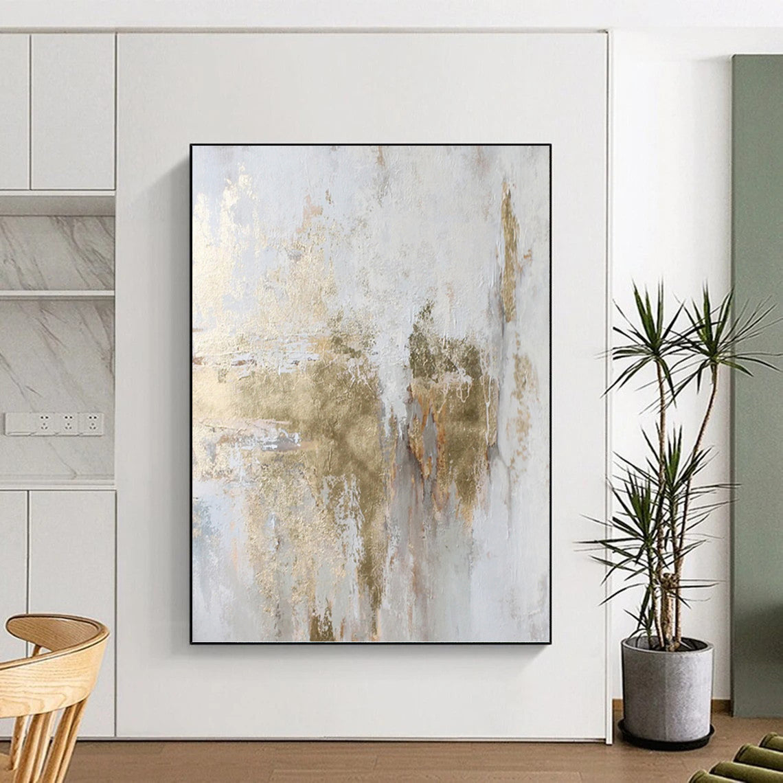“Gold and White Textured Abstract” - Metallic Accent Painting on Canvas PT1006