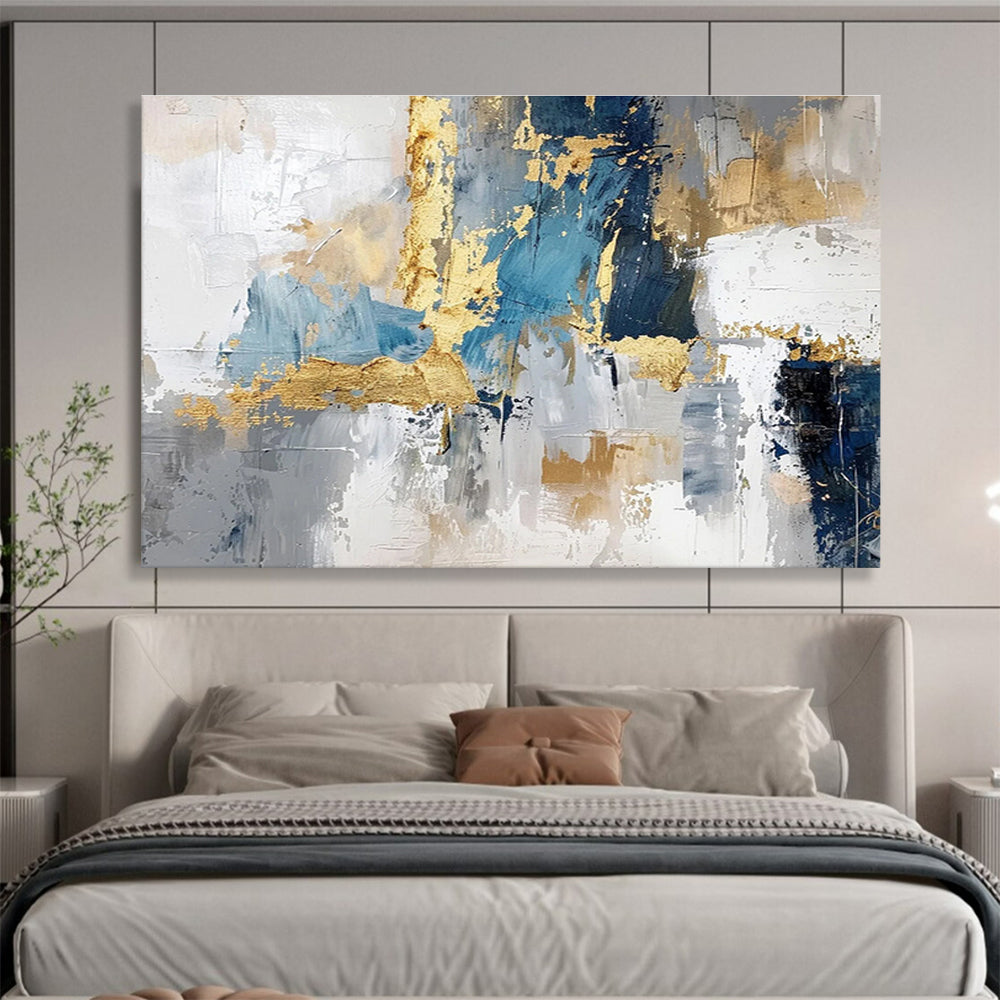 Blue - Gray Abstract with Gold Accents - Luxe Modern Painting On Canvas DKS344