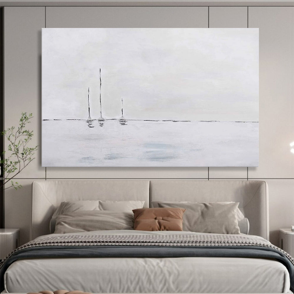 “White - Gray Minimalist Sailboats” - Abstract Landscape Painting On Canvas PT261